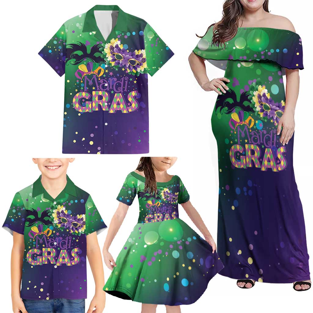 Mardi Gras Masquerade Mask Family Matching Off Shoulder Maxi Dress and Hawaiian Shirt NOLA Vibe - Wonder Print Shop