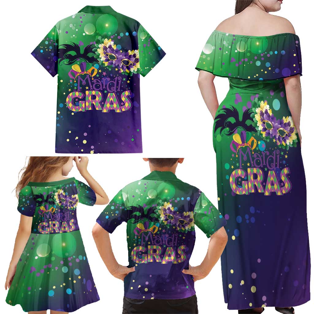 Mardi Gras Masquerade Mask Family Matching Off Shoulder Maxi Dress and Hawaiian Shirt NOLA Vibe - Wonder Print Shop