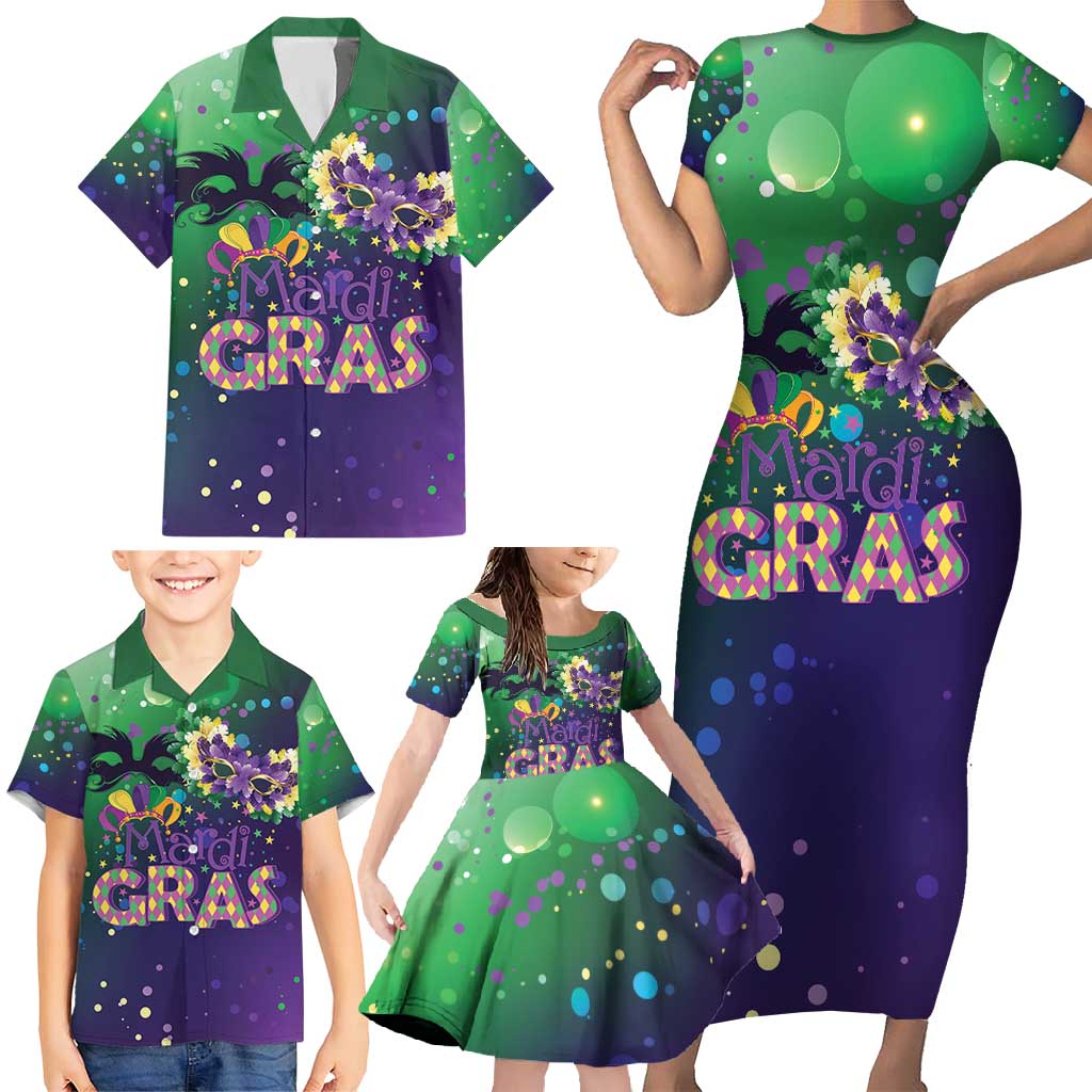 Mardi Gras Masquerade Mask Family Matching Short Sleeve Bodycon Dress and Hawaiian Shirt NOLA Vibe - Wonder Print Shop