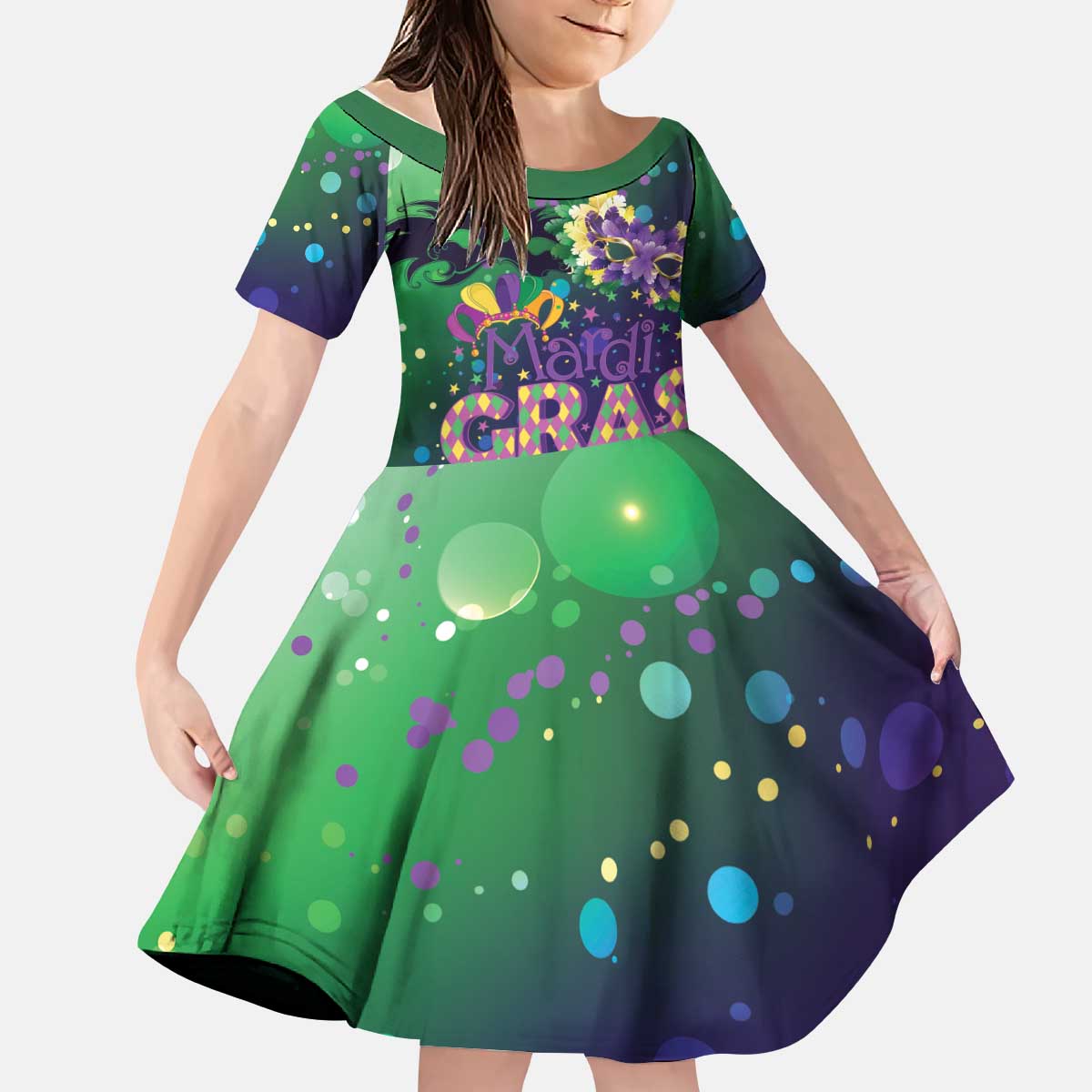 Mardi Gras Masquerade Mask Kid Short Sleeve Dress NOLA Vibe - Wonder Print Shop