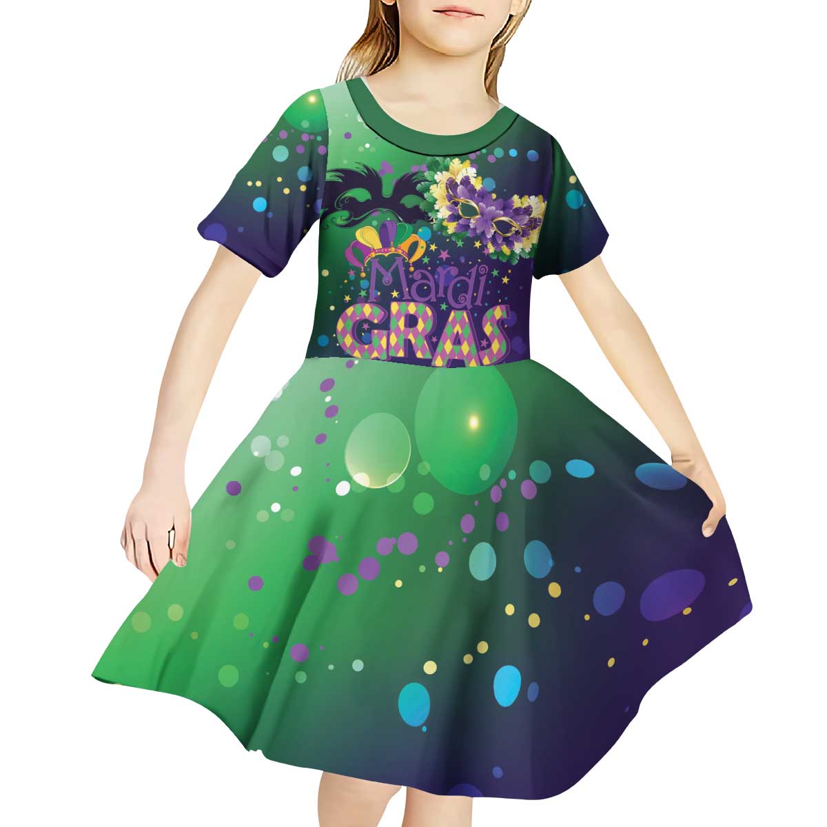 Mardi Gras Masquerade Mask Kid Short Sleeve Dress NOLA Vibe - Wonder Print Shop
