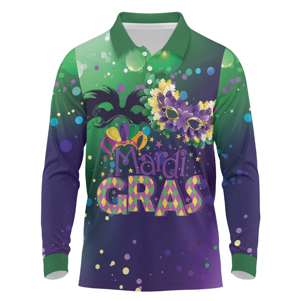 Mardi Gras Masquerade Mask Long Sleeve Polo Shirt NOLA Vibe - Wonder Print Shop