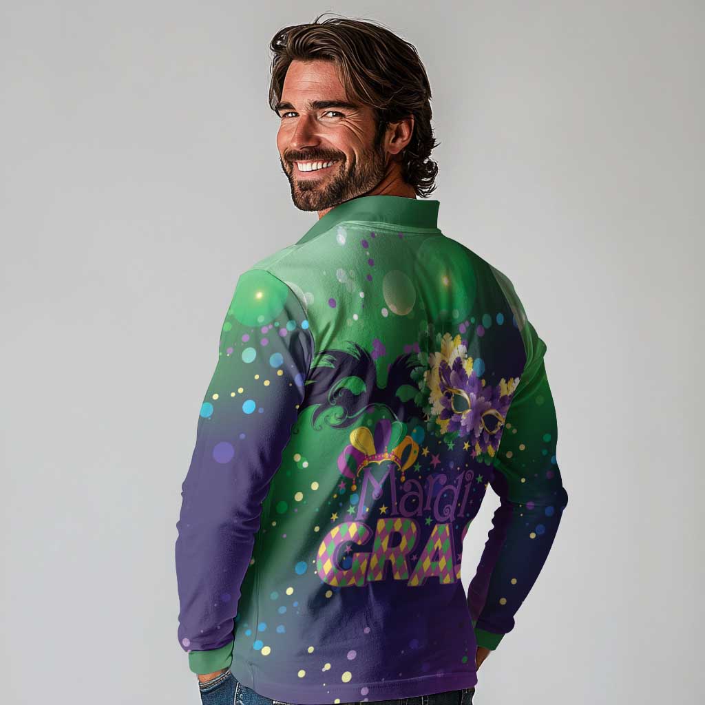 Mardi Gras Masquerade Mask Long Sleeve Polo Shirt NOLA Vibe - Wonder Print Shop