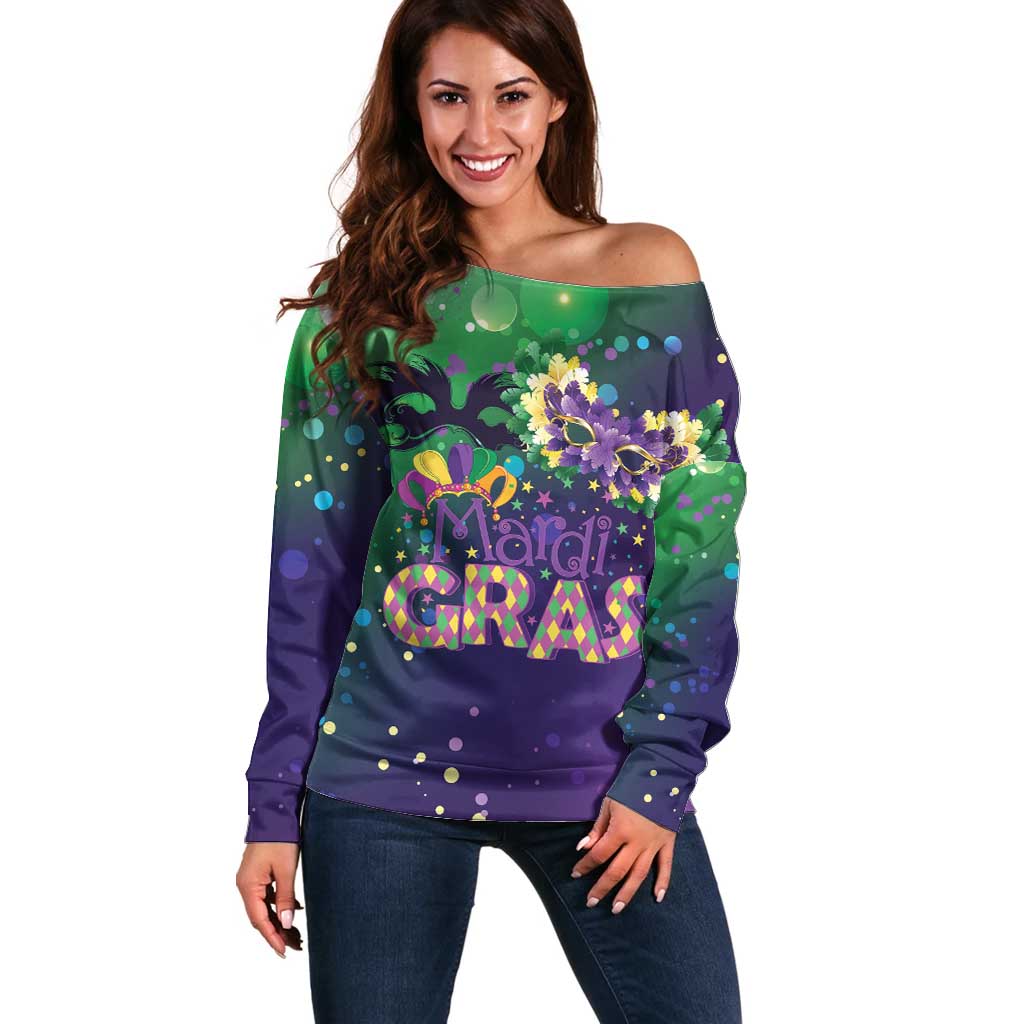 Mardi Gras Masquerade Mask Off Shoulder Sweater NOLA Vibe - Wonder Print Shop