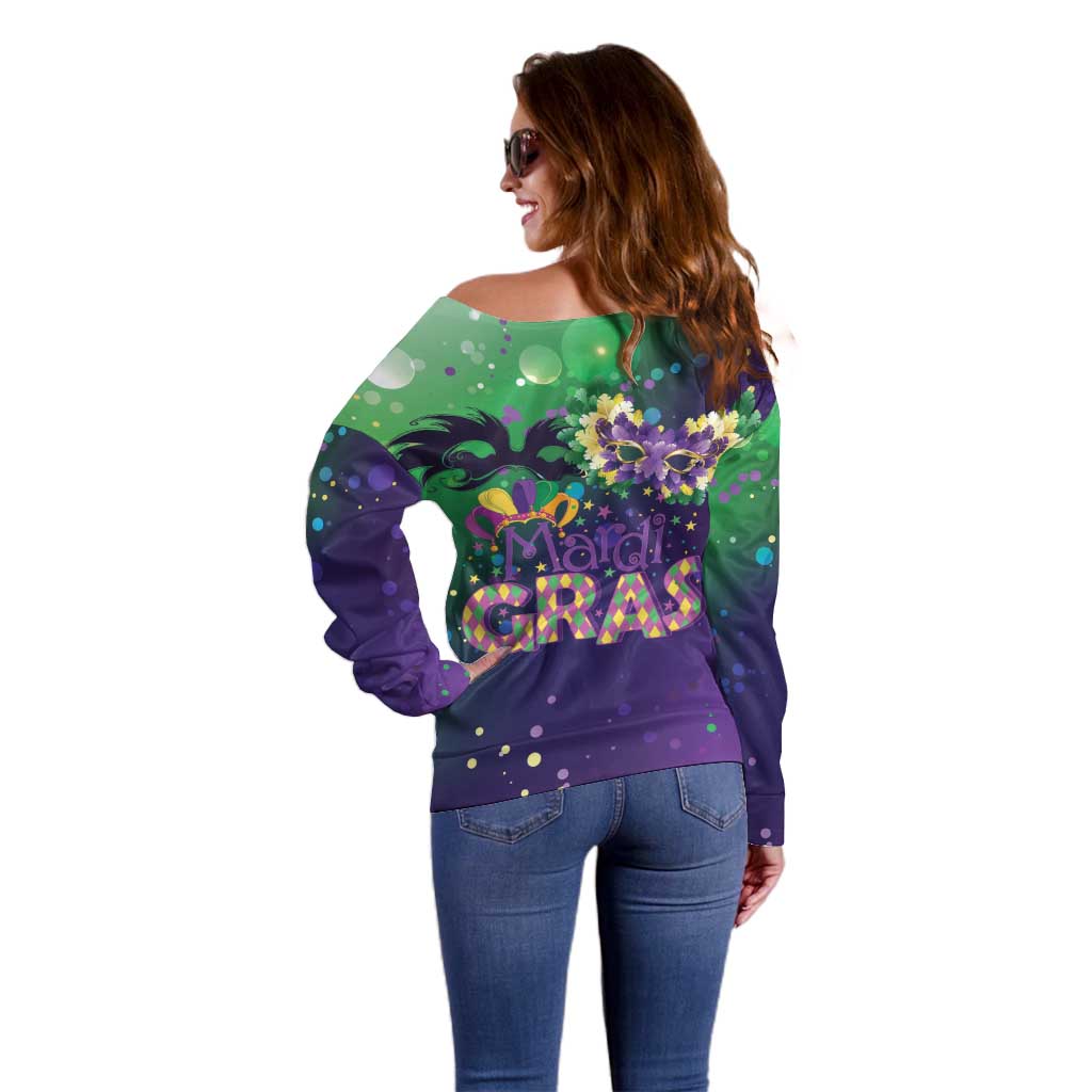 Mardi Gras Masquerade Mask Off Shoulder Sweater NOLA Vibe - Wonder Print Shop