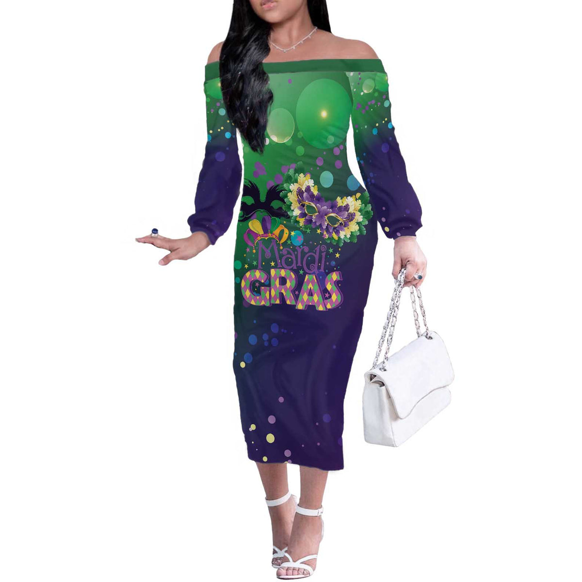 Mardi Gras Masquerade Mask Off The Shoulder Long Sleeve Dress NOLA Vibe - Wonder Print Shop