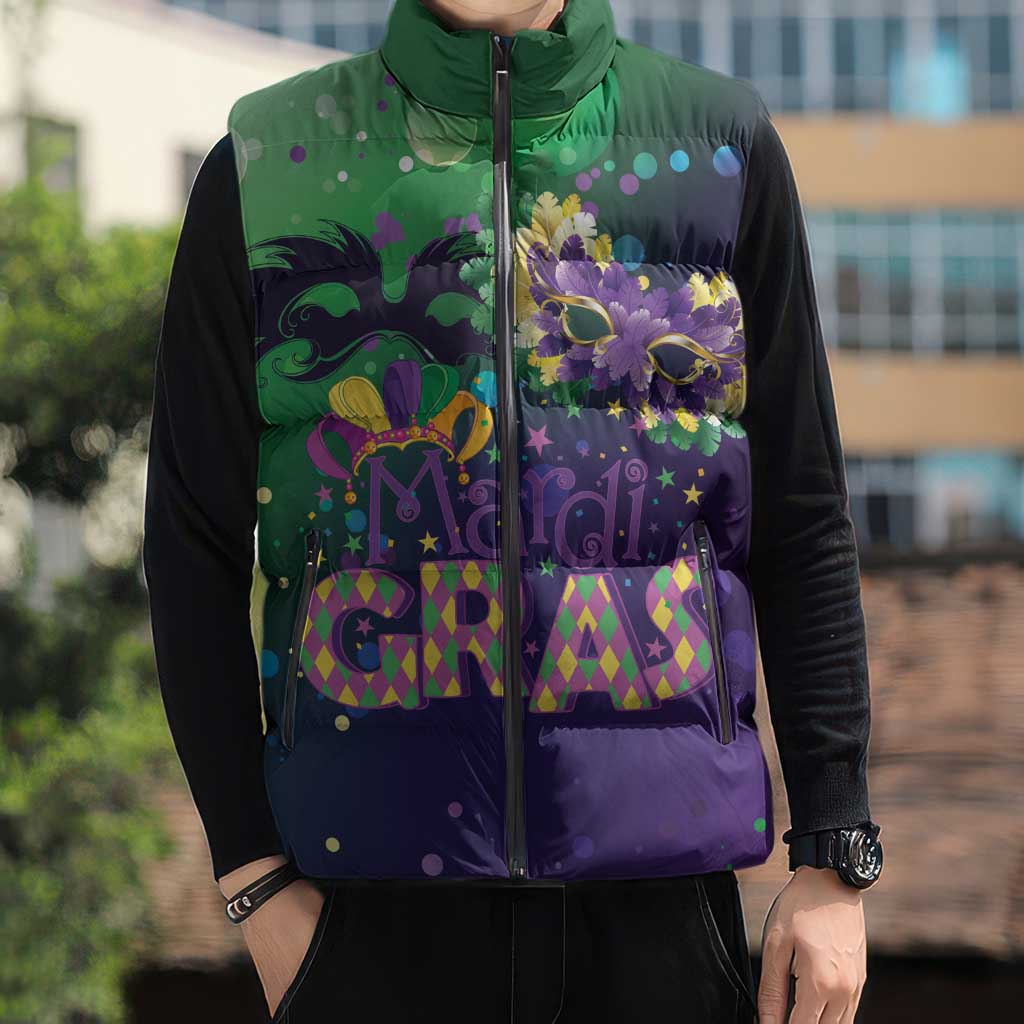 Mardi Gras Masquerade Mask Sleeveless Puffer Jacket NOLA Vibe - Wonder Print Shop