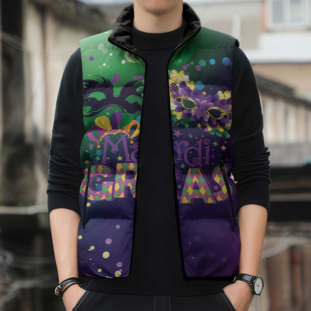 Mardi Gras Masquerade Mask Sleeveless Puffer Jacket NOLA Vibe - Wonder Print Shop