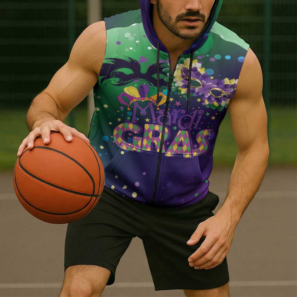 Mardi Gras Masquerade Mask Sleeveless Zip Hoodie NOLA Vibe - Wonder Print Shop