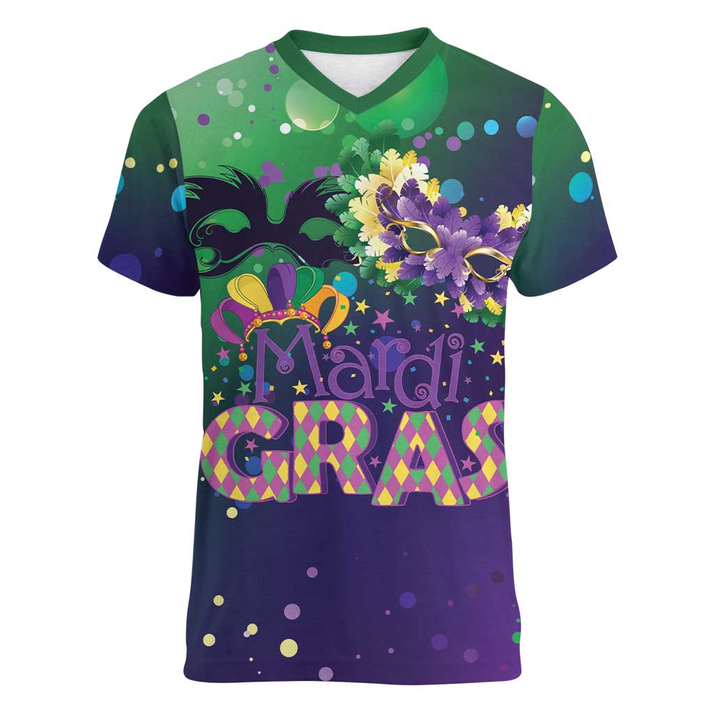 Mardi Gras Masquerade Mask Women V-Neck T-Shirt NOLA Vibe - Wonder Print Shop