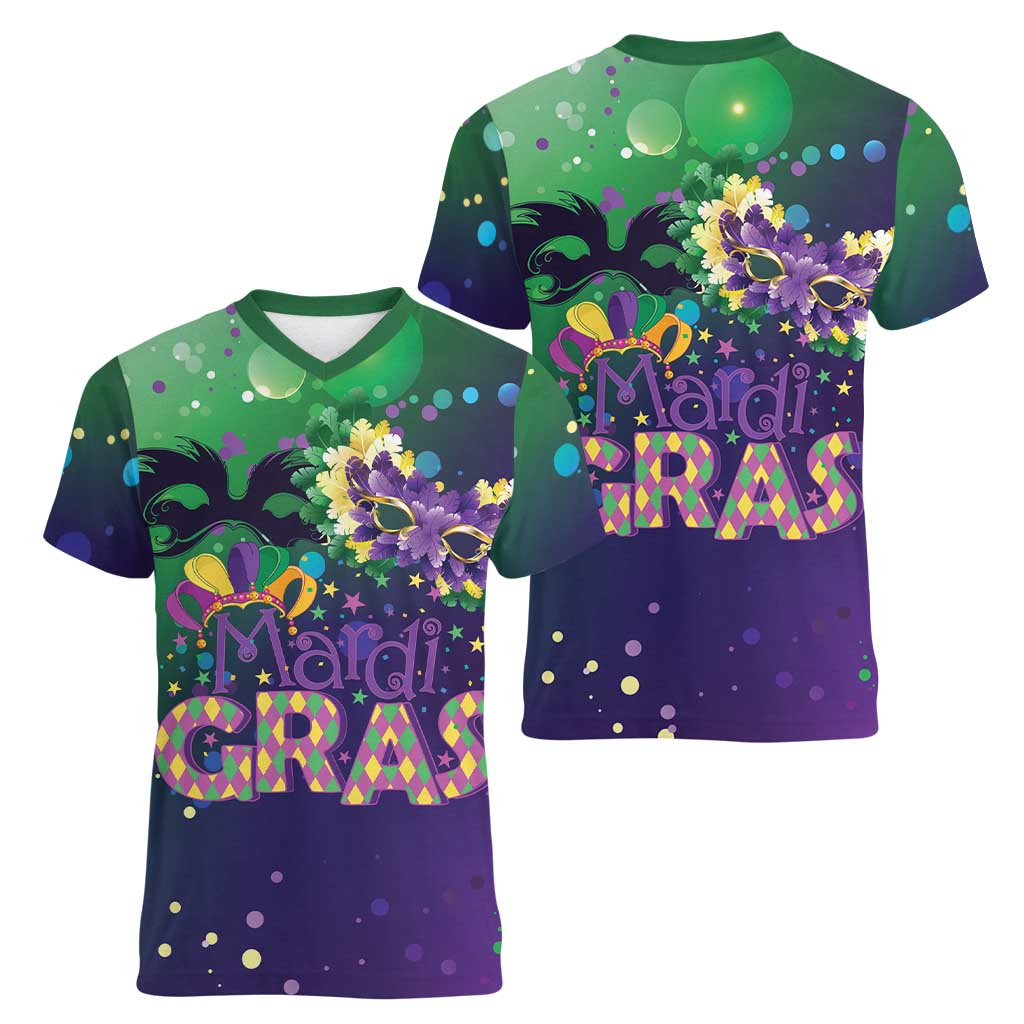 Mardi Gras Masquerade Mask Women V-Neck T-Shirt NOLA Vibe - Wonder Print Shop