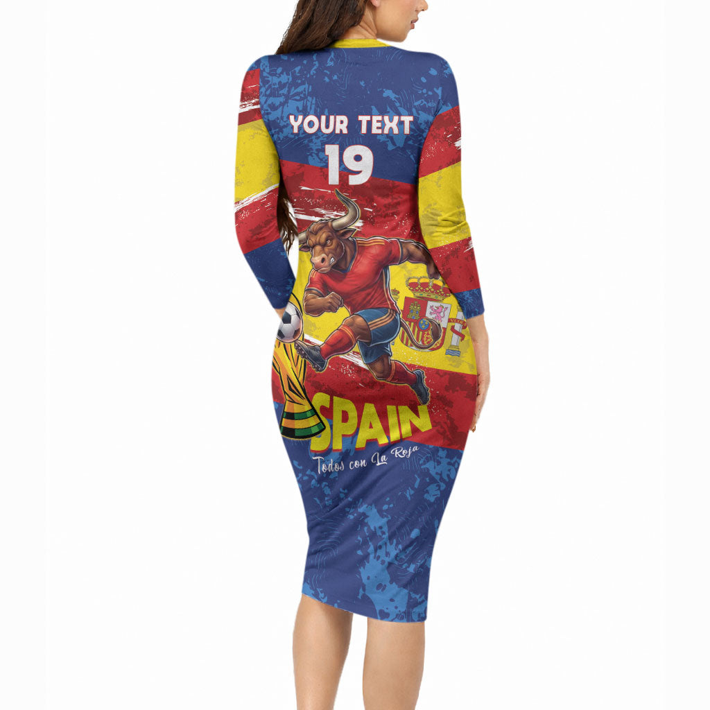 Spain National Football Custom Long Sleeve Bodycon Dress Spanish Bull Trophy Todos con La Roja