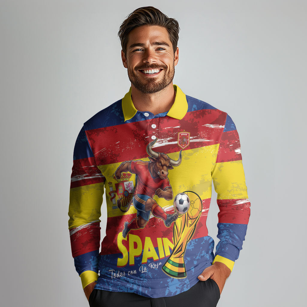 Spain National Football Custom Long Sleeve Polo Shirt Spanish Bull Trophy Todos con La Roja