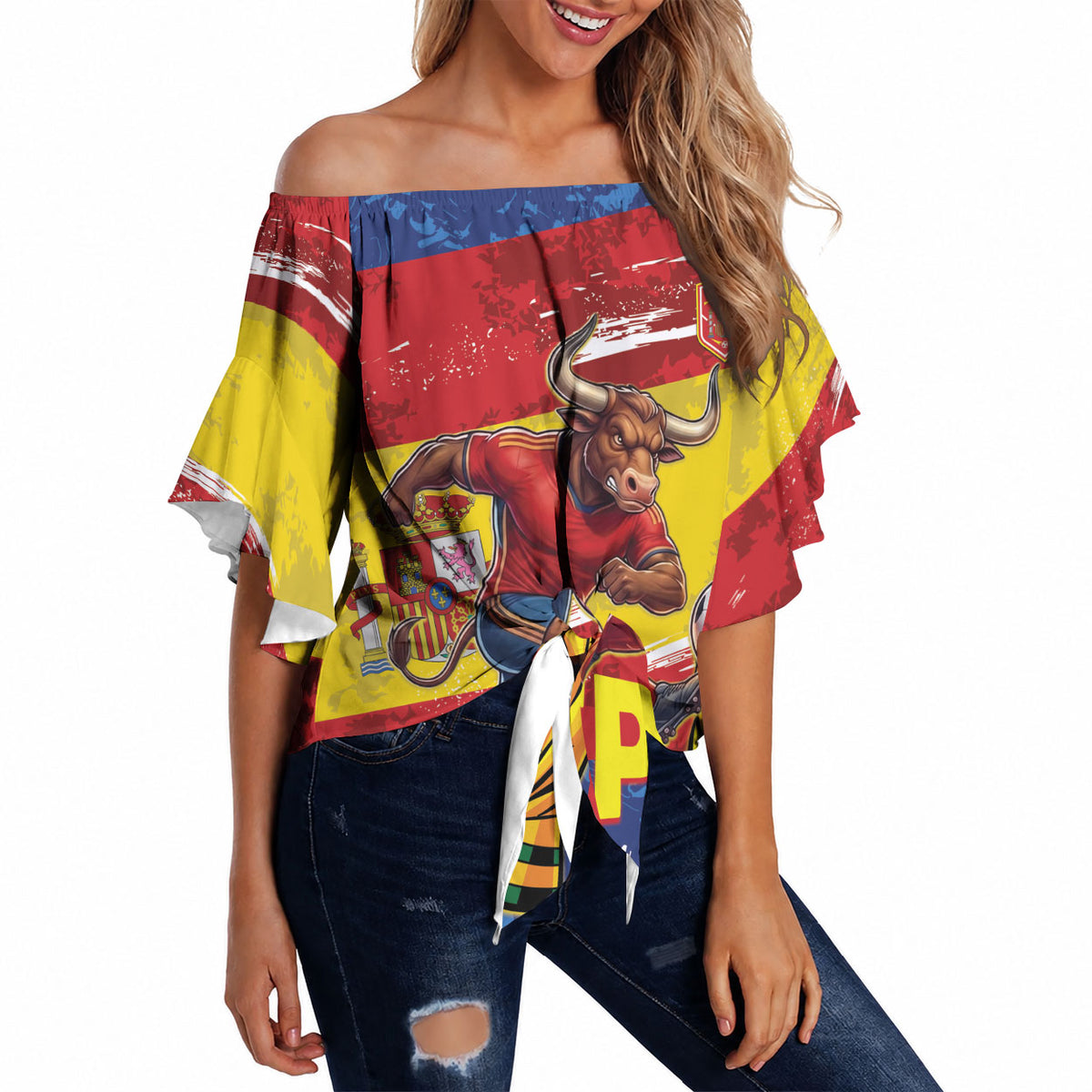 Spain National Football Custom Off Shoulder Wrap Waist Top Spanish Bull Trophy Todos con La Roja