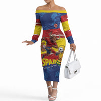 Spain National Football Custom Off The Shoulder Long Sleeve Dress Spanish Bull Trophy Todos con La Roja