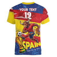 Spain National Football Custom Women V-Neck T-Shirt Spanish Bull Trophy Todos con La Roja
