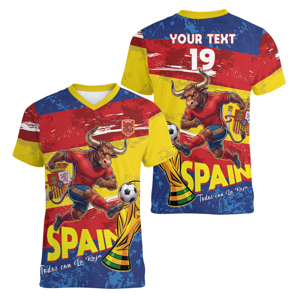 Spain National Football Custom Women V-Neck T-Shirt Spanish Bull Trophy Todos con La Roja