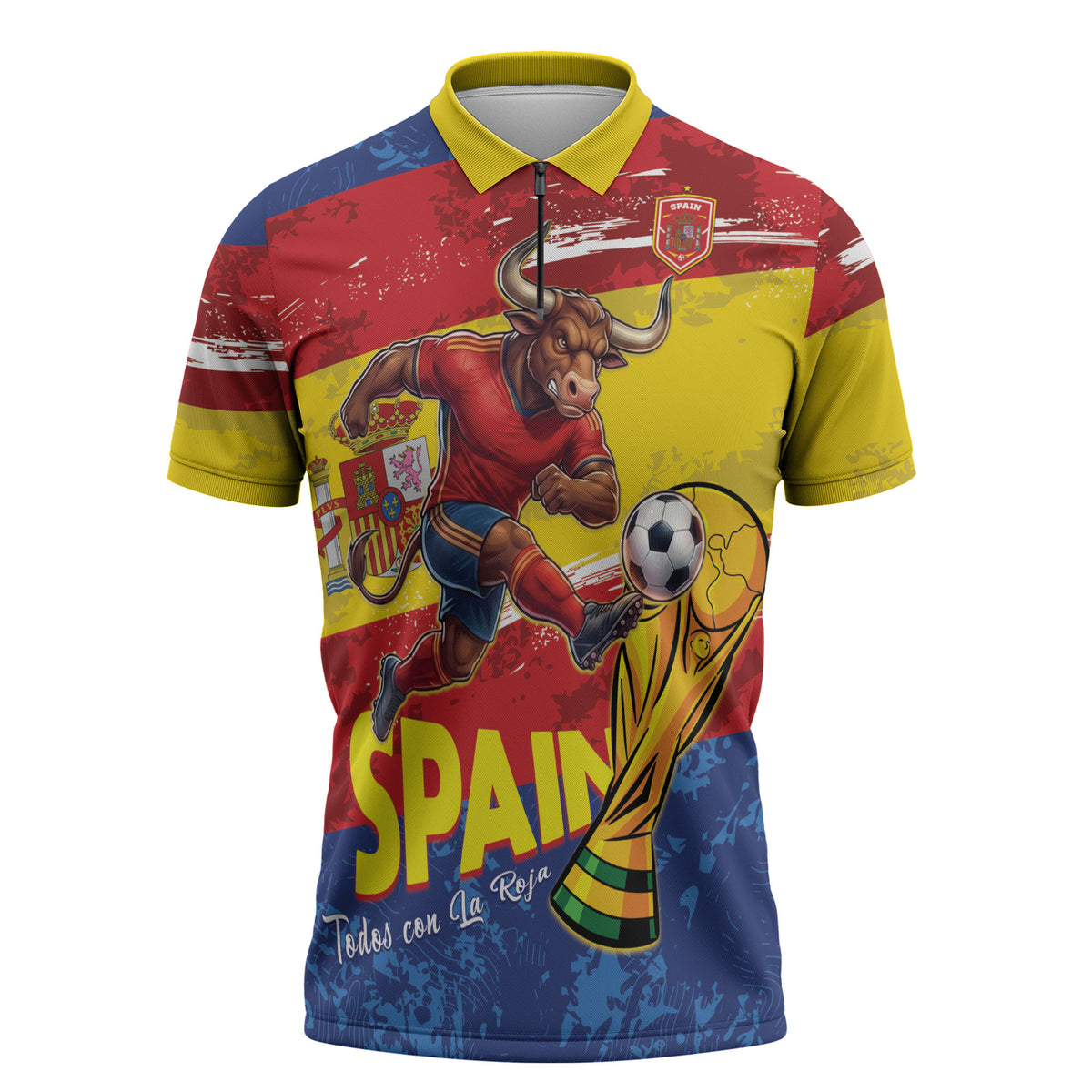Spain National Football Custom Zipper Polo Shirt Spanish Bull Trophy Todos con La Roja