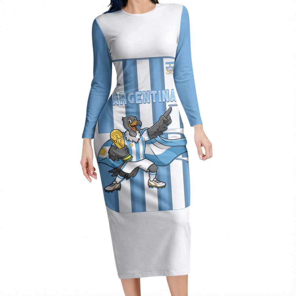 Argentina National Football Custom Long Sleeve Bodycon Dress Andean Condor Trophy Sporty Style