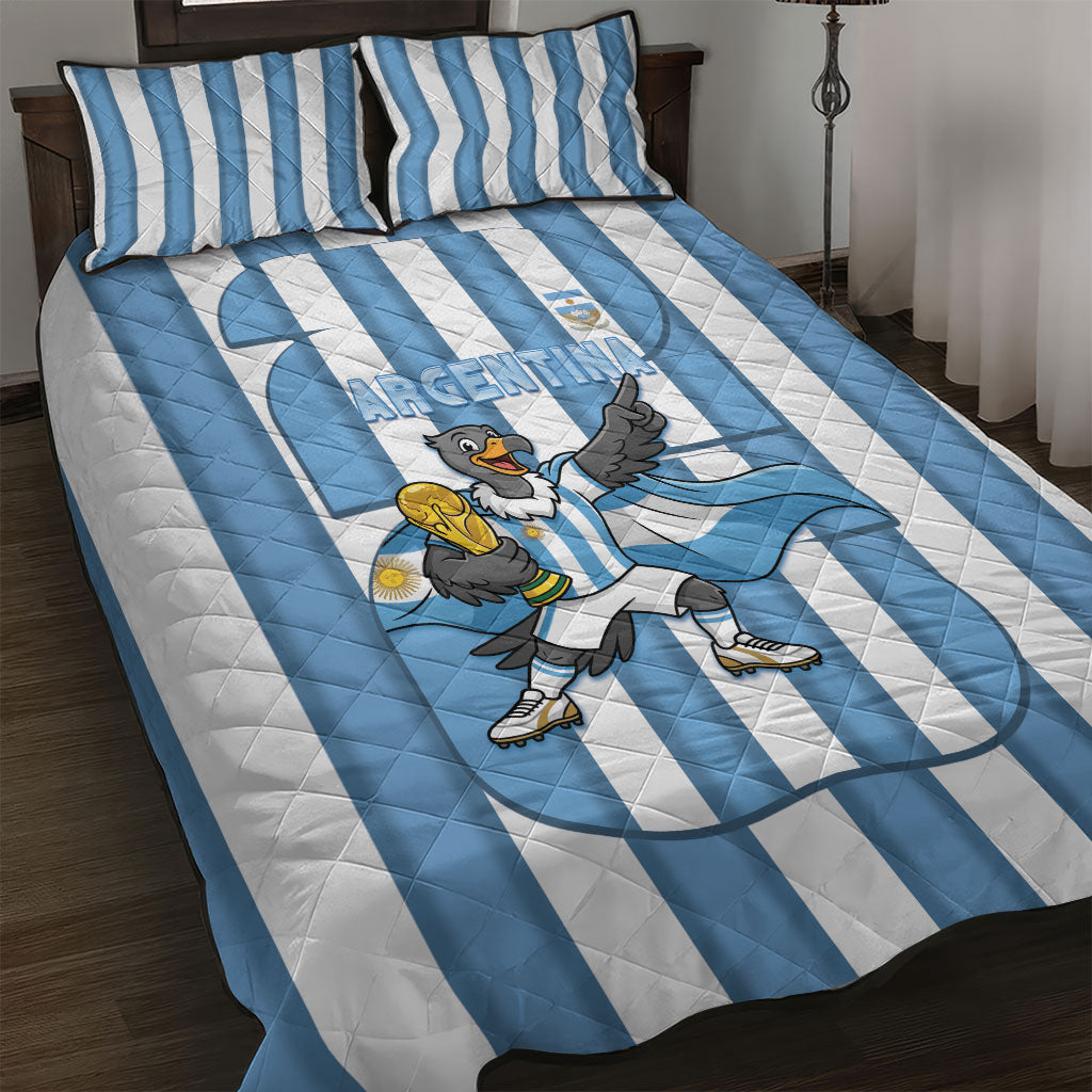 Argentina National Football Quilt Bed Set Andean Condor Trophy Sporty Style