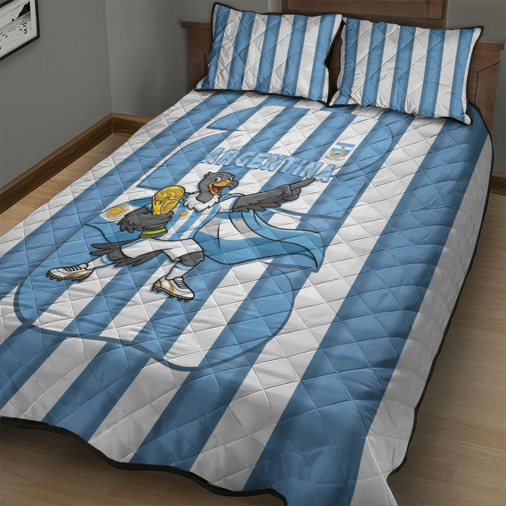 Argentina National Football Quilt Bed Set Andean Condor Trophy Sporty Style