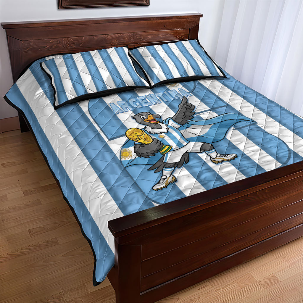 Argentina National Football Quilt Bed Set Andean Condor Trophy Sporty Style