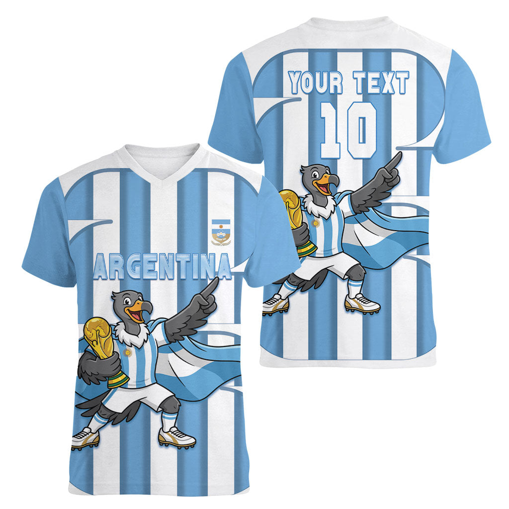Argentina National Football Custom Women V-Neck T-Shirt Andean Condor Trophy Sporty Style
