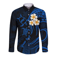 Personalised Niihau Hawaii Long Sleeve Button Shirt Polynesian Tattoo and Pacific Plumeria Blue Vibe - Wonder Print Shop
