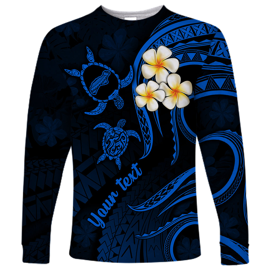 Personalised Niihau Hawaii Long Sleeve Shirt Polynesian Tattoo and Pacific Plumeria Blue Vibe - Wonder Print Shop
