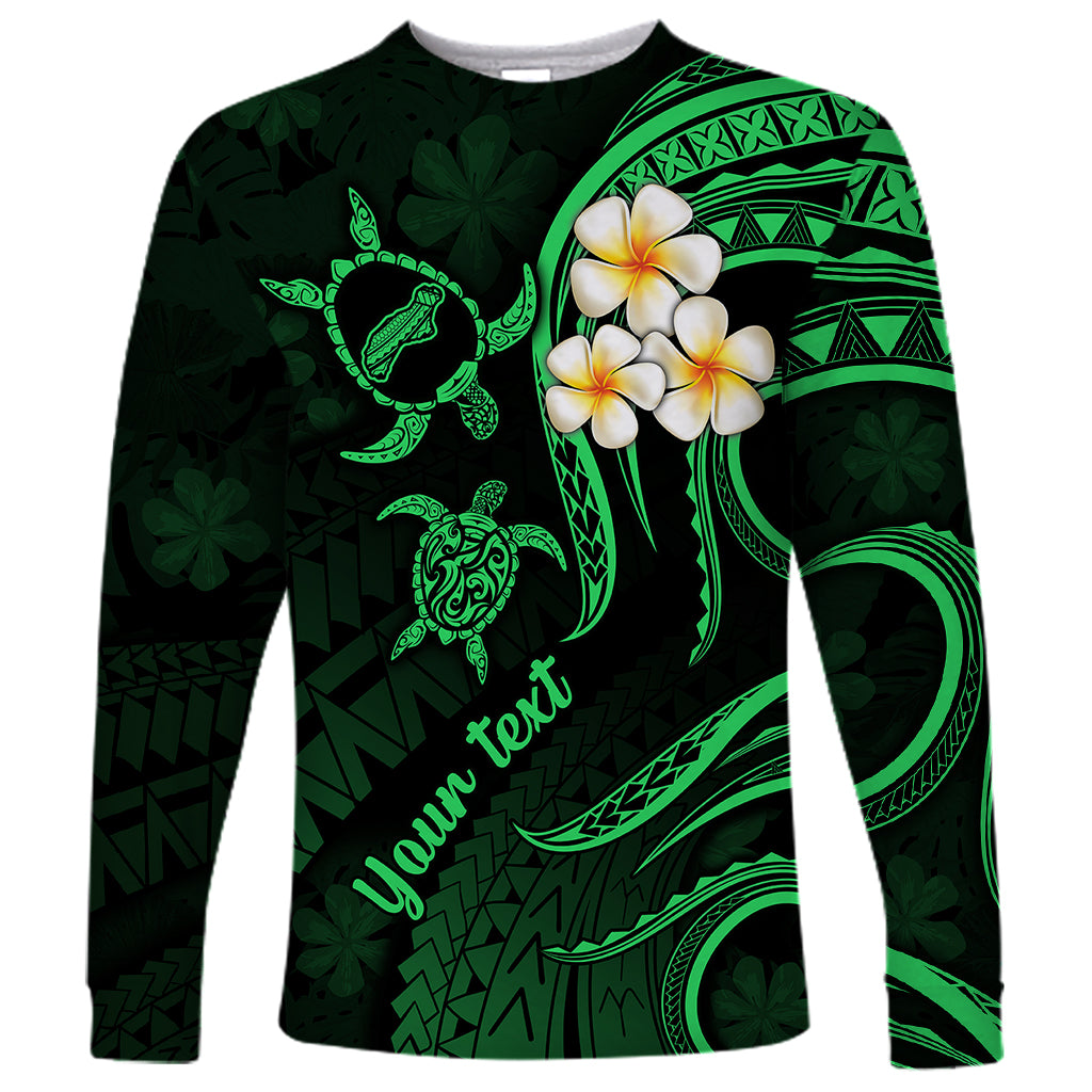 Personalised Niihau Hawaii Long Sleeve Shirt Polynesian Tattoo and Pacific Plumeria Green Vibe - Wonder Print Shop