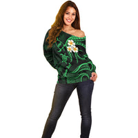 Personalised Niihau Hawaii Off Shoulder Sweater Polynesian Tattoo and Pacific Plumeria Green Vibe - Wonder Print Shop