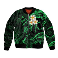 Personalised Niihau Hawaii Sleeve Zip Bomber Jacket Polynesian Tattoo and Pacific Plumeria Green Vibe - Wonder Print Shop