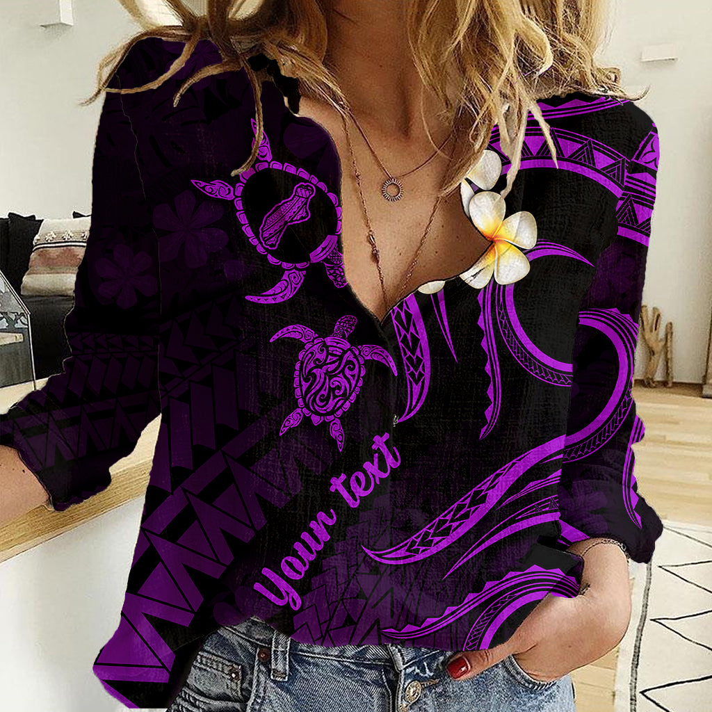 Personalised Niihau Hawaii Women Casual Shirt Polynesian Tattoo and Pacific Plumeria Purple Vibe - Wonder Print Shop