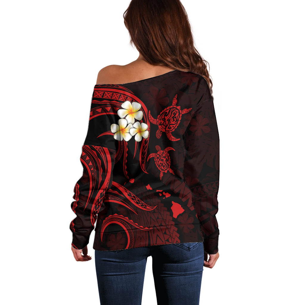 Personalised Niihau Hawaii Off Shoulder Sweater Polynesian Tattoo and Pacific Plumeria Red Vibe - Wonder Print Shop