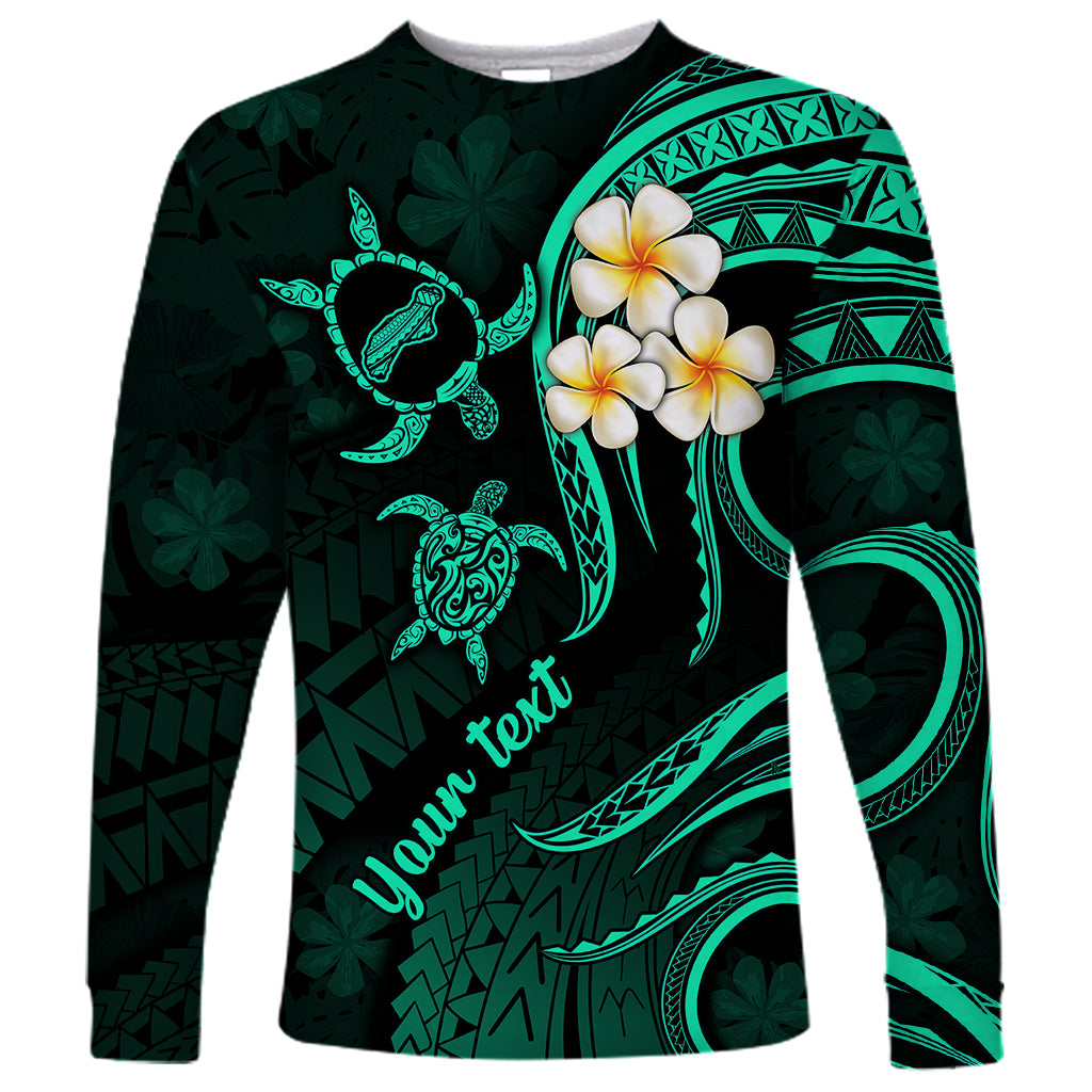 Personalised Niihau Hawaii Long Sleeve Shirt Polynesian Tattoo and Pacific Plumeria Turquoise Vibe - Wonder Print Shop