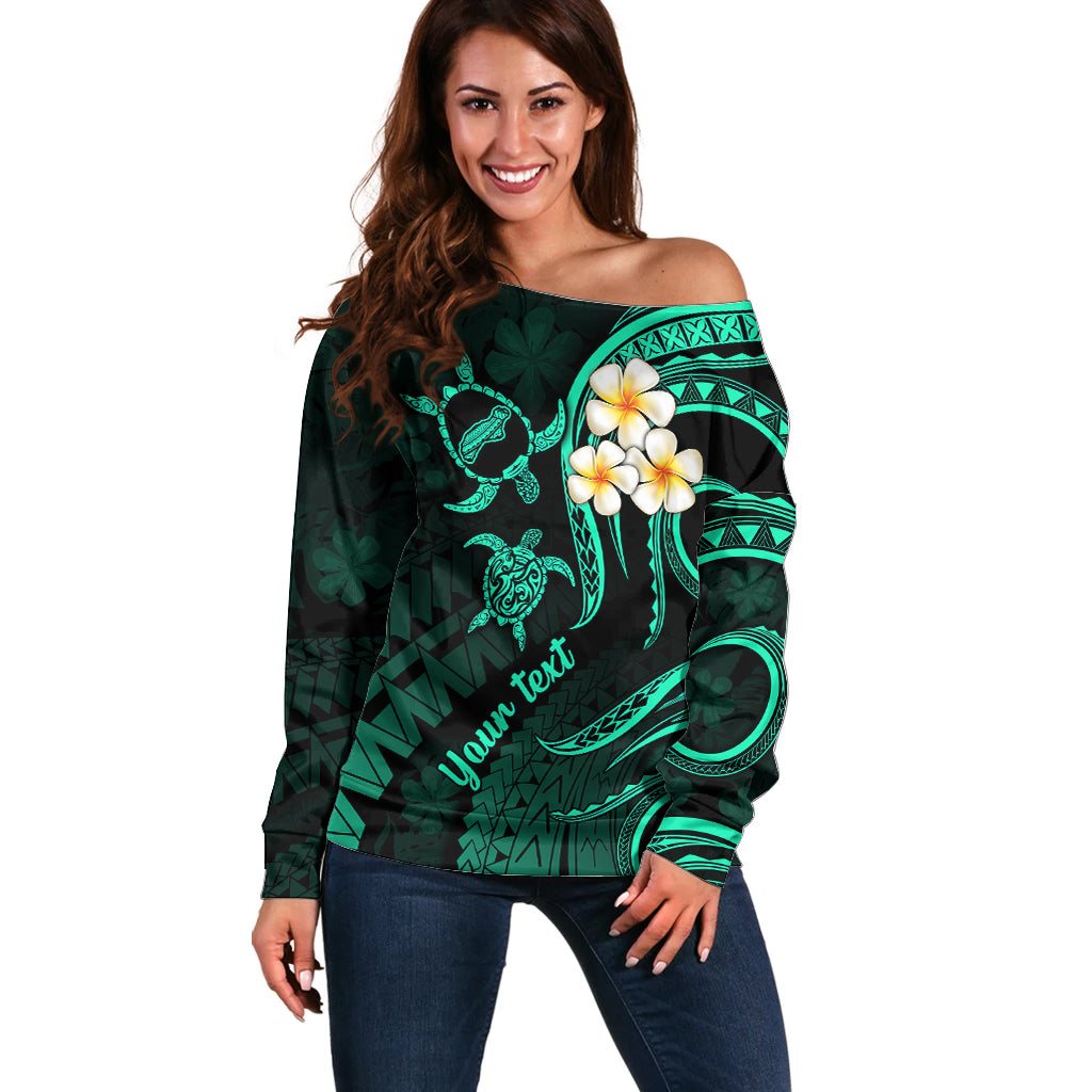 Personalised Niihau Hawaii Off Shoulder Sweater Polynesian Tattoo and Pacific Plumeria Turquoise Vibe - Wonder Print Shop