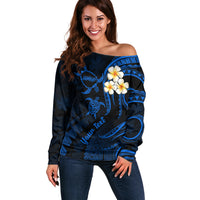 Personalised Molokai Hawaii Off Shoulder Sweater Polynesian Tattoo and Pacific Plumeria Blue Vibe - Wonder Print Shop