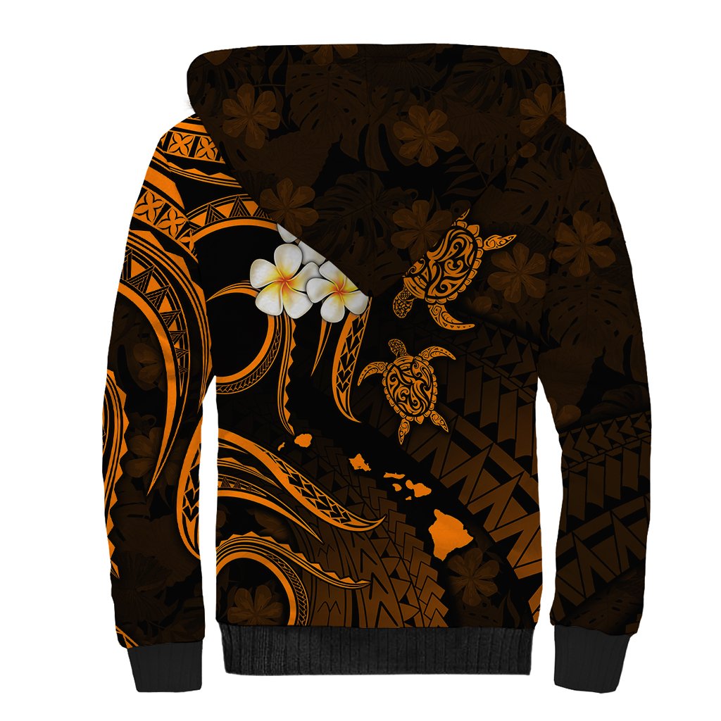 Personalised Molokai Hawaii Sherpa Hoodie Polynesian Tattoo and Pacific Plumeria Gold Vibe - Wonder Print Shop