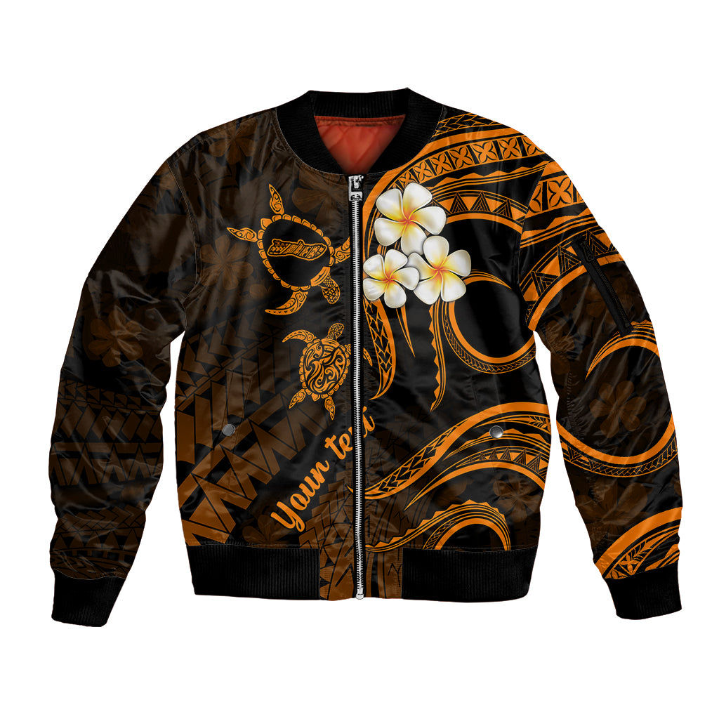 Personalised Molokai Hawaii Sleeve Zip Bomber Jacket Polynesian Tattoo and Pacific Plumeria Gold Vibe - Wonder Print Shop