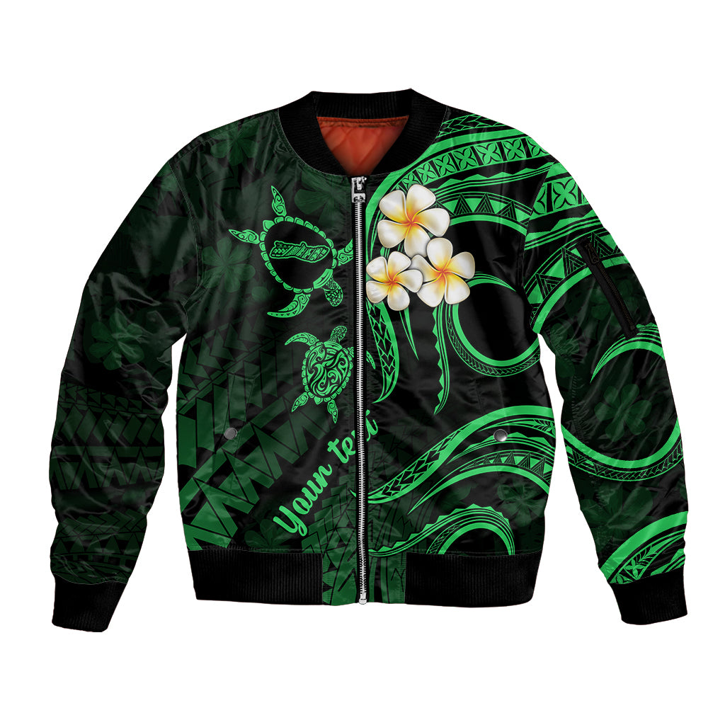 Personalised Molokai Hawaii Sleeve Zip Bomber Jacket Polynesian Tattoo and Pacific Plumeria Green Vibe - Wonder Print Shop