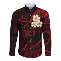 Personalised Molokai Hawaii Long Sleeve Button Shirt Polynesian Tattoo and Pacific Plumeria Red Vibe - Wonder Print Shop
