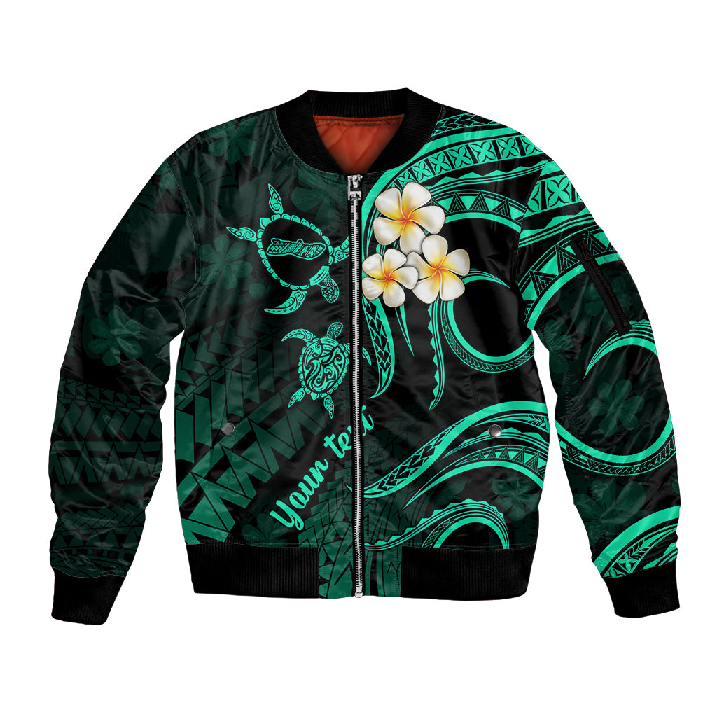 Personalised Molokai Hawaii Sleeve Zip Bomber Jacket Polynesian Tattoo and Pacific Plumeria Turquoise Vibe - Wonder Print Shop