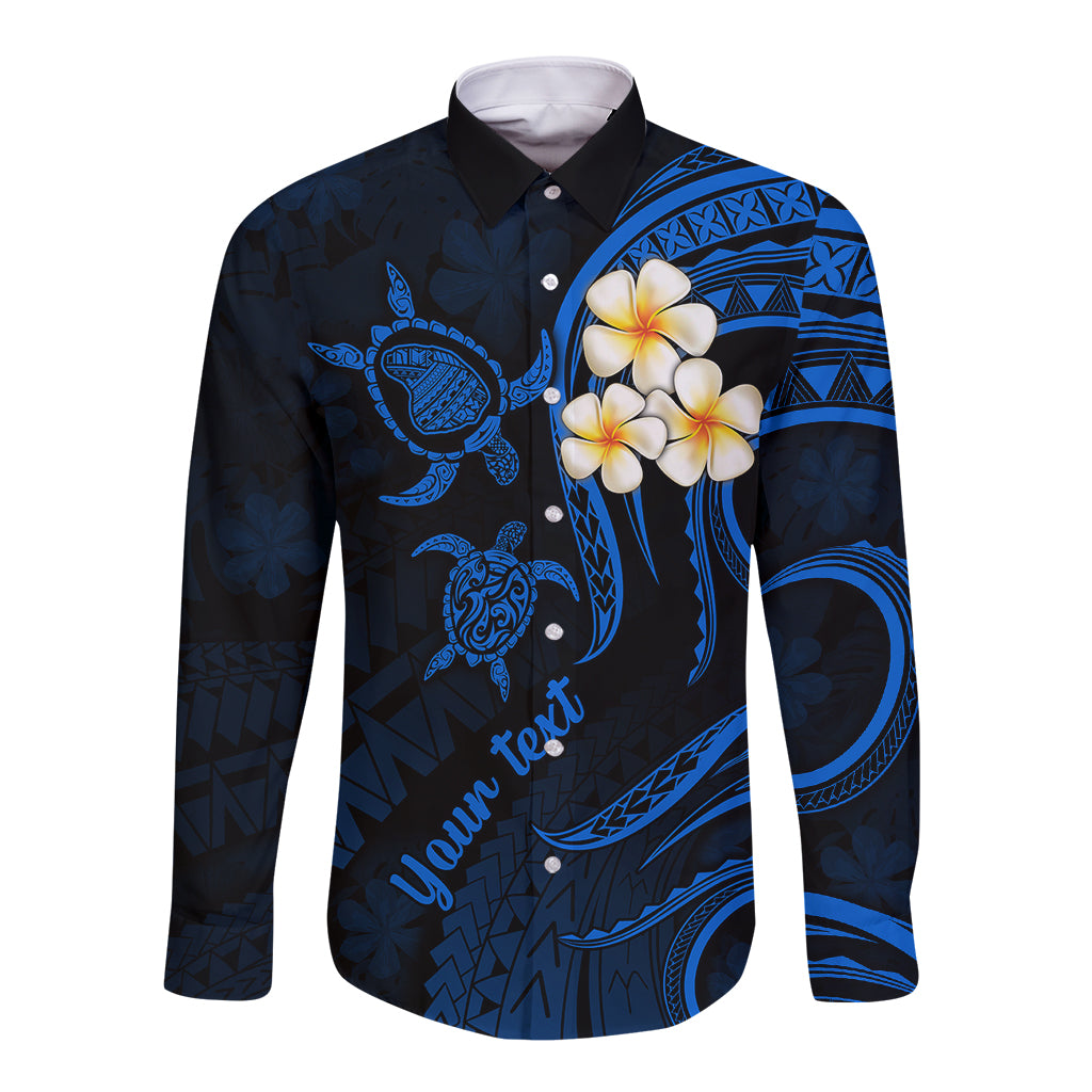 Personalised Lanai Hawaii Long Sleeve Button Shirt Polynesian Tattoo and Pacific Plumeria Blue Vibe - Wonder Print Shop