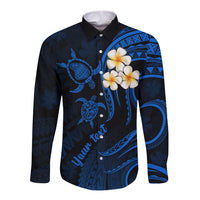 Personalised Lanai Hawaii Long Sleeve Button Shirt Polynesian Tattoo and Pacific Plumeria Blue Vibe - Wonder Print Shop
