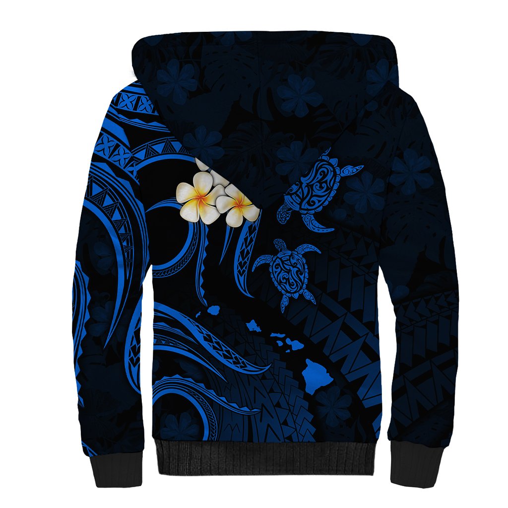 Personalised Lanai Hawaii Sherpa Hoodie Polynesian Tattoo and Pacific Plumeria Blue Vibe - Wonder Print Shop