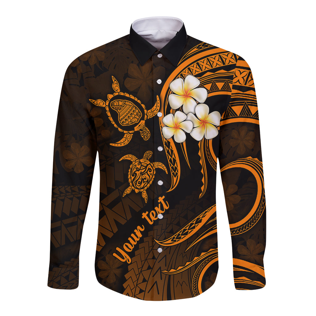 Personalised Lanai Hawaii Long Sleeve Button Shirt Polynesian Tattoo and Pacific Plumeria Gold Vibe - Wonder Print Shop