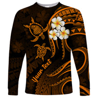 Personalised Lanai Hawaii Long Sleeve Shirt Polynesian Tattoo and Pacific Plumeria Gold Vibe - Wonder Print Shop
