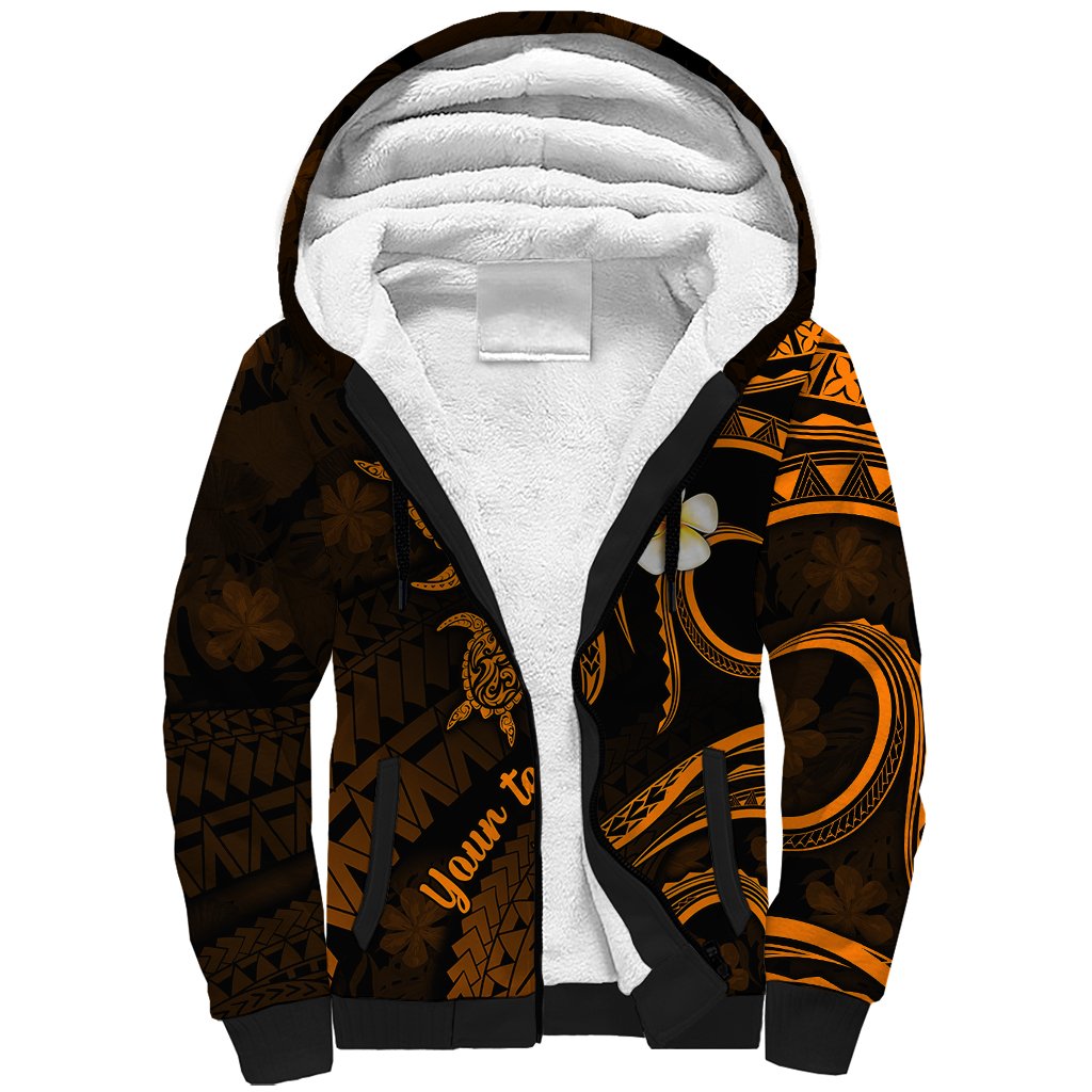 Personalised Lanai Hawaii Sherpa Hoodie Polynesian Tattoo and Pacific Plumeria Gold Vibe - Wonder Print Shop