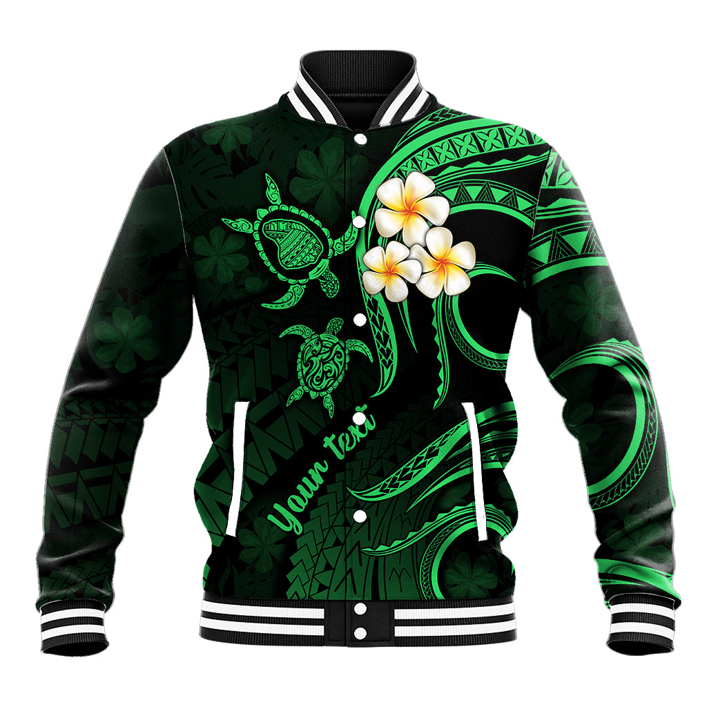 Personalised Lanai Hawaii Baseball Jacket Polynesian Tattoo and Pacific Plumeria Green Vibe LT9 - Wonder Print Shop