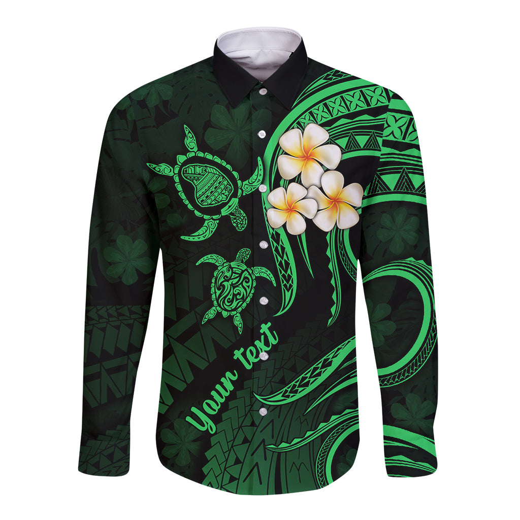 Personalised Lanai Hawaii Long Sleeve Button Shirt Polynesian Tattoo and Pacific Plumeria Green Vibe - Wonder Print Shop